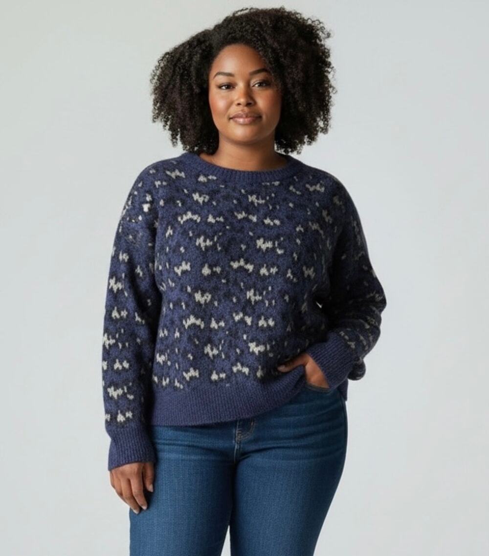 Athleta Hawthorn Sweater, Women's 2XL, Merino Wool Blend Leopard Print Crew Neck
